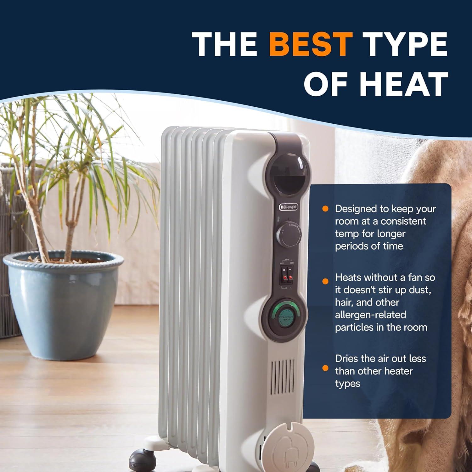 imageDeLonghi ComfortTemp Full Room Radiant Heater Black OilFilled Portable Space Heater for LongLasting Silent Heat EasytoUse Controls Adjustable Thermostat ampamp Three Heat SettingsLight Gray Comfort Temp