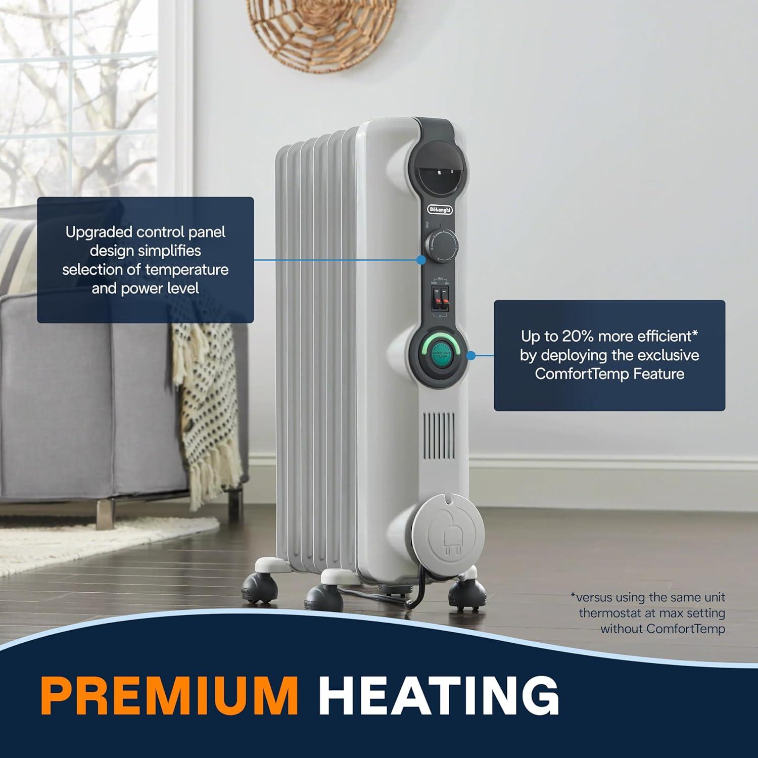 imageDeLonghi ComfortTemp Full Room Radiant Heater Black OilFilled Portable Space Heater for LongLasting Silent Heat EasytoUse Controls Adjustable Thermostat ampamp Three Heat SettingsLight Gray Comfort Temp