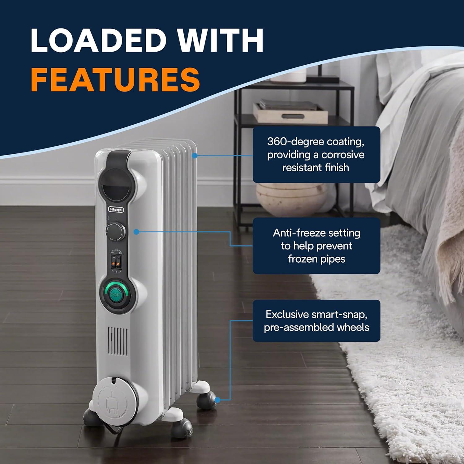 imageDeLonghi ComfortTemp Full Room Radiant Heater Black OilFilled Portable Space Heater for LongLasting Silent Heat EasytoUse Controls Adjustable Thermostat ampamp Three Heat SettingsLight Gray Comfort Temp