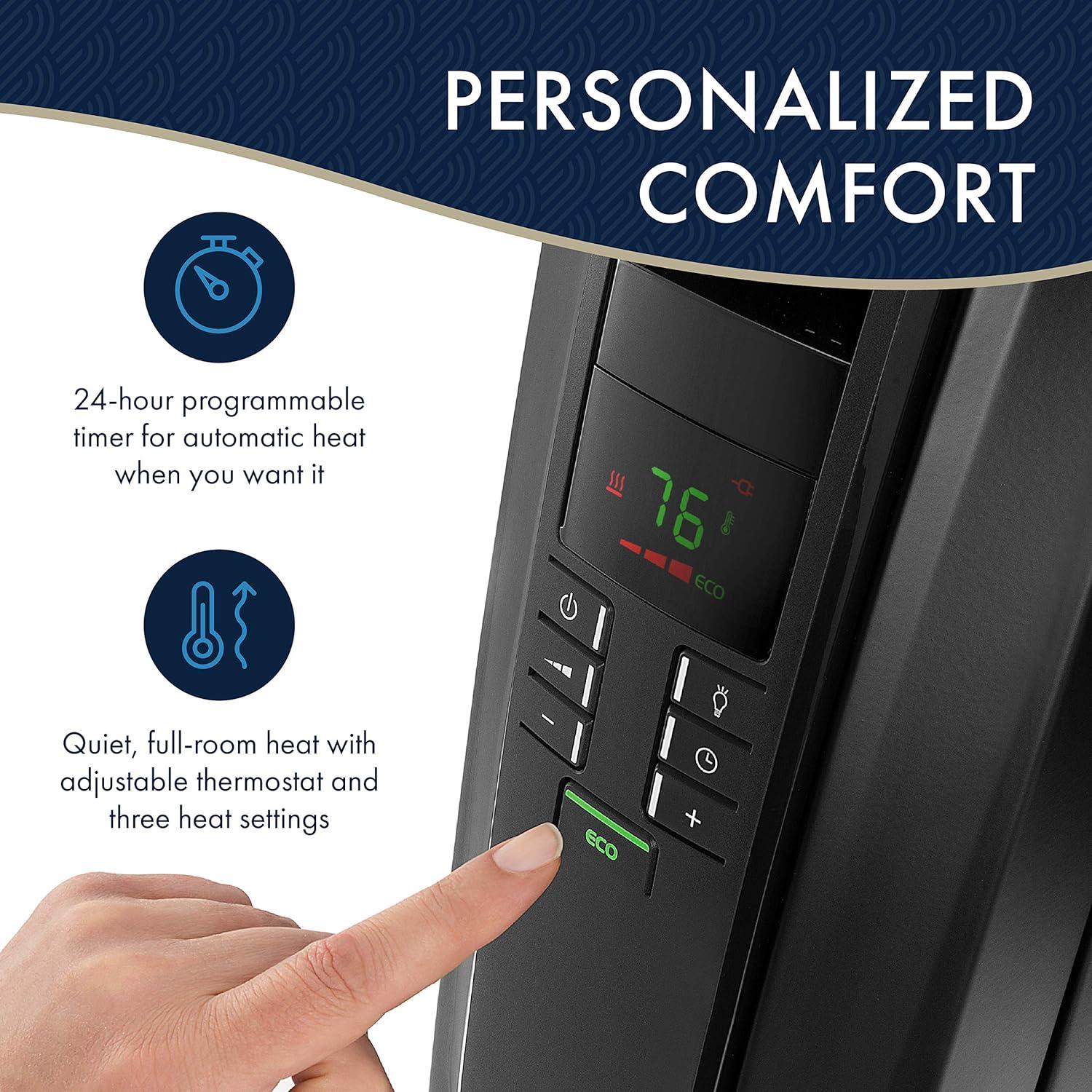 imageDeLonghi Dragon Digital Oil Filled Radiator Heater 1500W Electric Space Heater for indoor use programmable timer Energy Saving full room heater with safety features TRD40615EBK 16quotx10quotx26quot BlackBlack