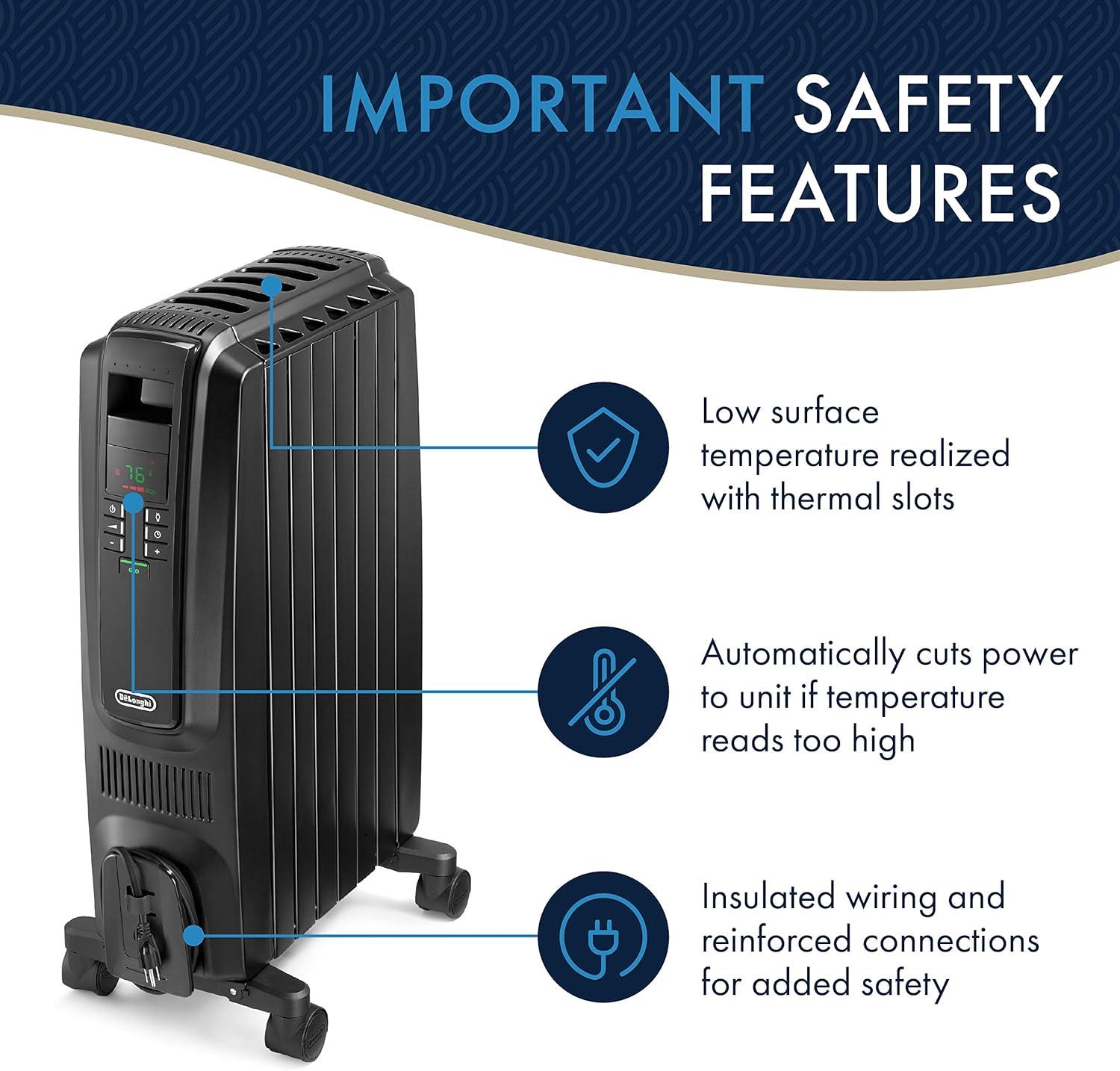 imageDeLonghi Dragon Digital Oil Filled Radiator Heater 1500W Electric Space Heater for indoor use programmable timer Energy Saving full room heater with safety features TRD40615EBK 16quotx10quotx26quot BlackBlack