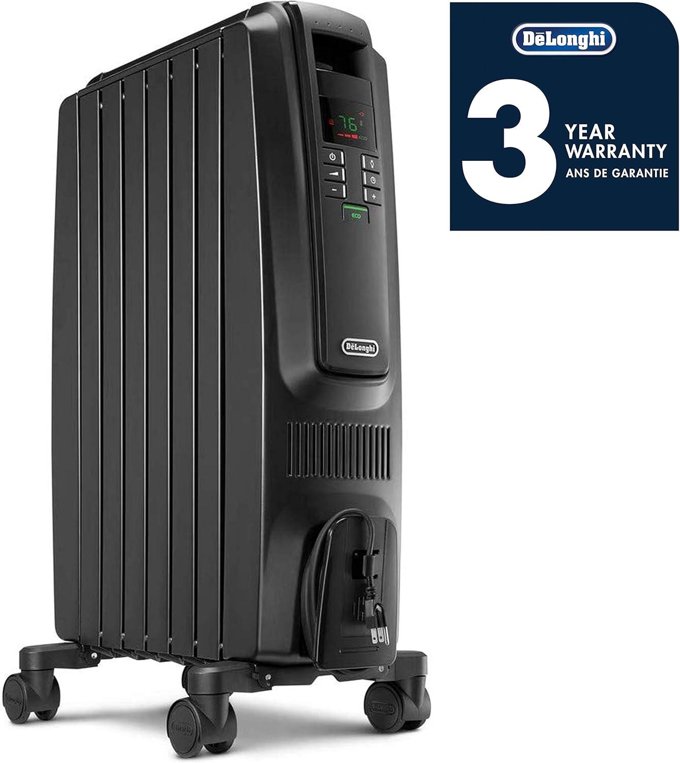 imageDeLonghi Dragon Digital Oil Filled Radiator Heater 1500W Electric Space Heater for indoor use programmable timer Energy Saving full room heater with safety features TRD40615EBK 16quotx10quotx26quot BlackBlack