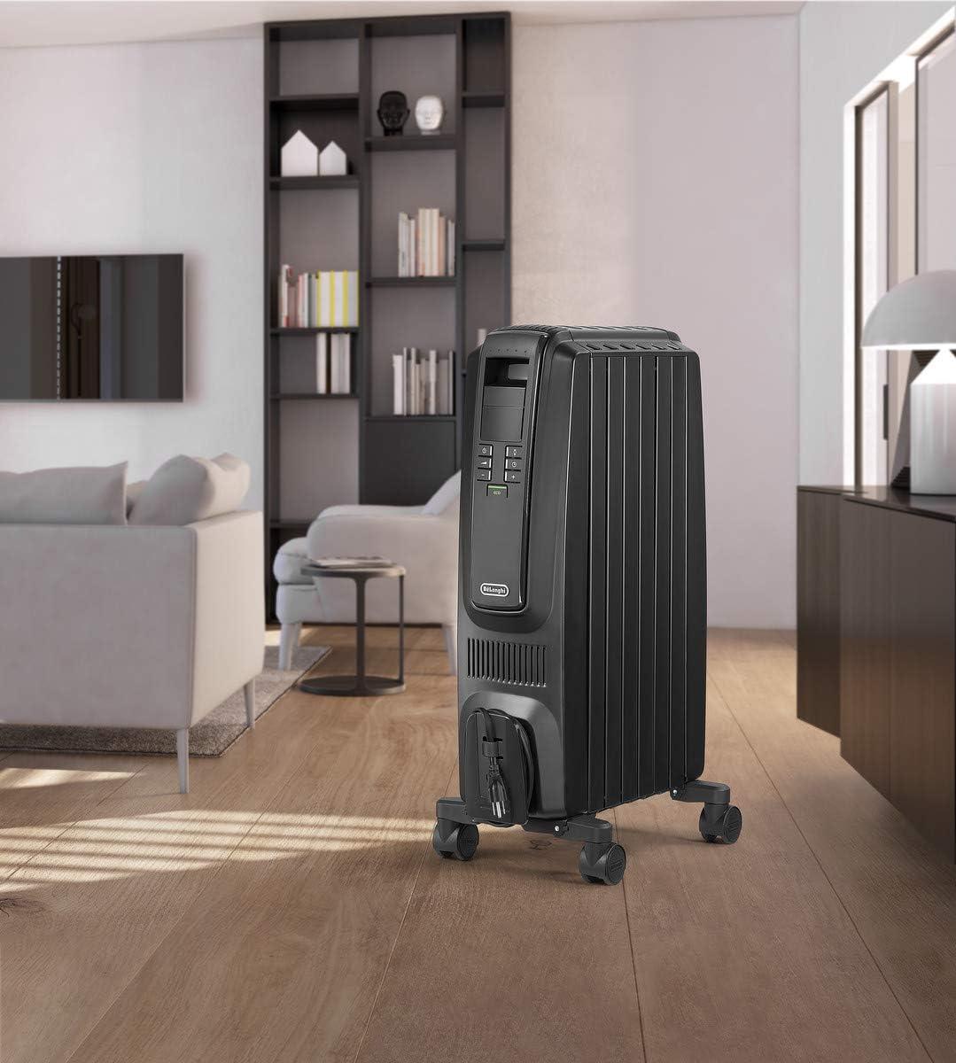 imageDeLonghi Dragon Digital Oil Filled Radiator Heater 1500W Electric Space Heater for indoor use programmable timer Energy Saving full room heater with safety features TRD40615EBK 16quotx10quotx26quot BlackBlack