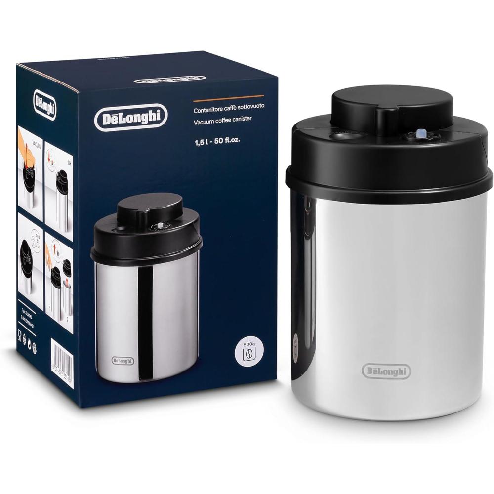 imageDeLonghi Coffee Canister Vacuum Sealed Food Storage Container with Airtight Lid ampamp Builtin Date Indicator Polished Stainless Steel Holds 1 LB  500 g DLSC063