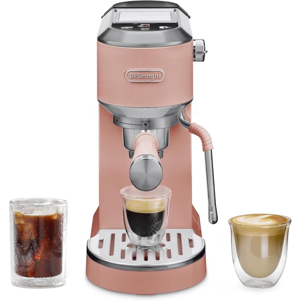 imageDeLonghi Dedica Duo Compact Espresso Machine  Cold Brew Coffee Maker with Milk Frother Wand for Espresso Hot ampamp Iced Coffee Cappuccinos Lattes ampamp Home Barista Brewing Stainless Steel FinishRos Pink