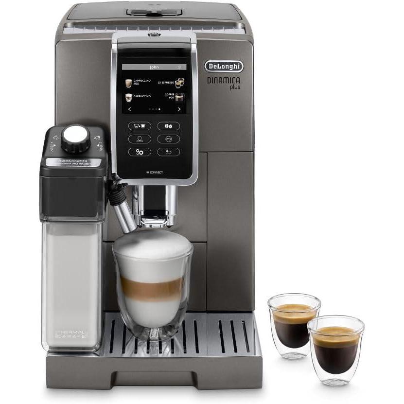 imageDeLonghi Dinamica Plus Connected Espresso ampamp Coffee Machine with Automatic Milk Frother 18 Recipes Built in Grinder App Compatible LatteCrema Technology for Ideal Milk Texture Color Touch DisplayTitanium