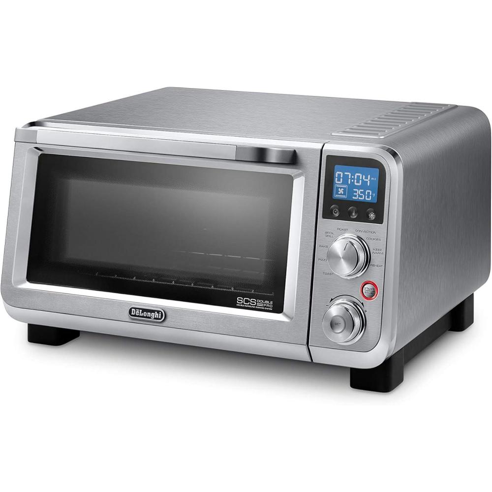 imageDeLonghi Small Convection Toaster Oven For Countertop With internal light And 9 Preset Functions Including Pizza Cookies Roast Broil Bake Easy to Use 14L Stainless Steel 1800W EO141150M