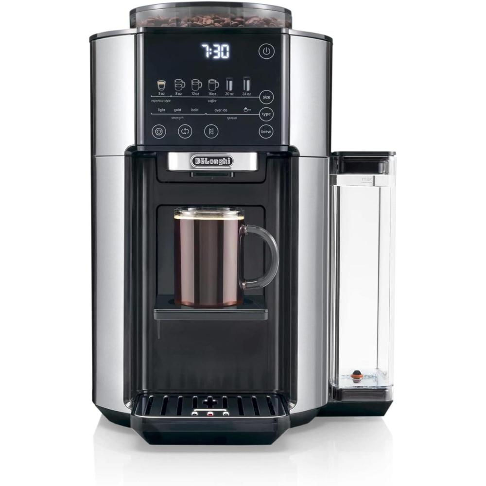 imageDeLonghi True Brew Drip Coffee Maker Built in Grinder Single Serve 8 oz to 24 oz Hot or Iced Coffee Stainless CAM51025MBTrue Brew
